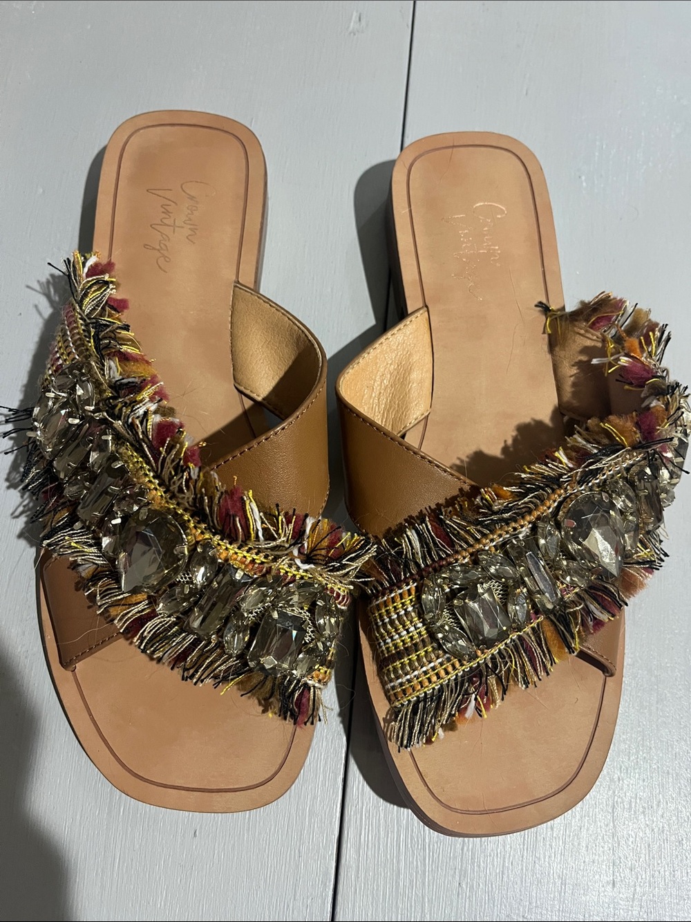 Crown Vintage Tan Slide Sandals with Multicolor Fringe & Crystal Accents